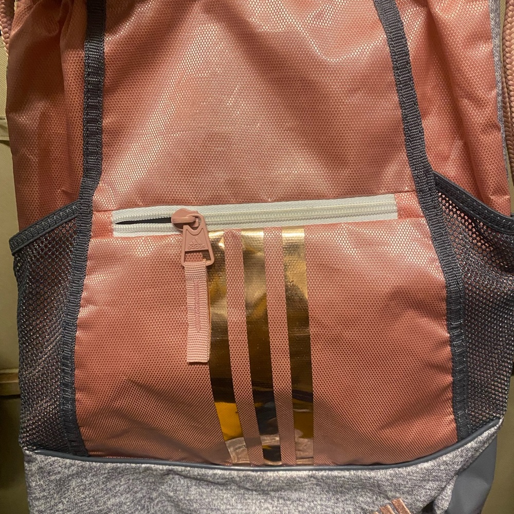 Adidas Drawstring Backpack in Pink and Gray with Gold Accents
